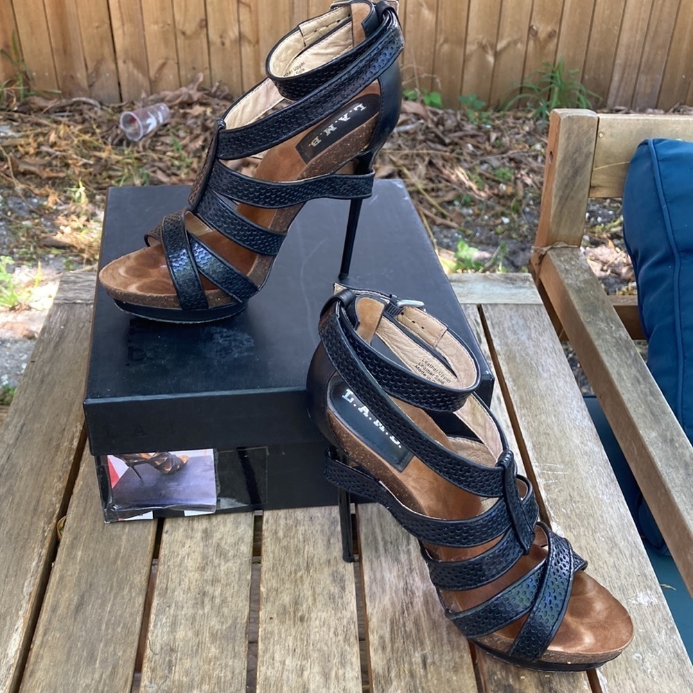 L.A.M.B. | Beatrice black Strappy stiletto platform heels Leather Rare Vintage